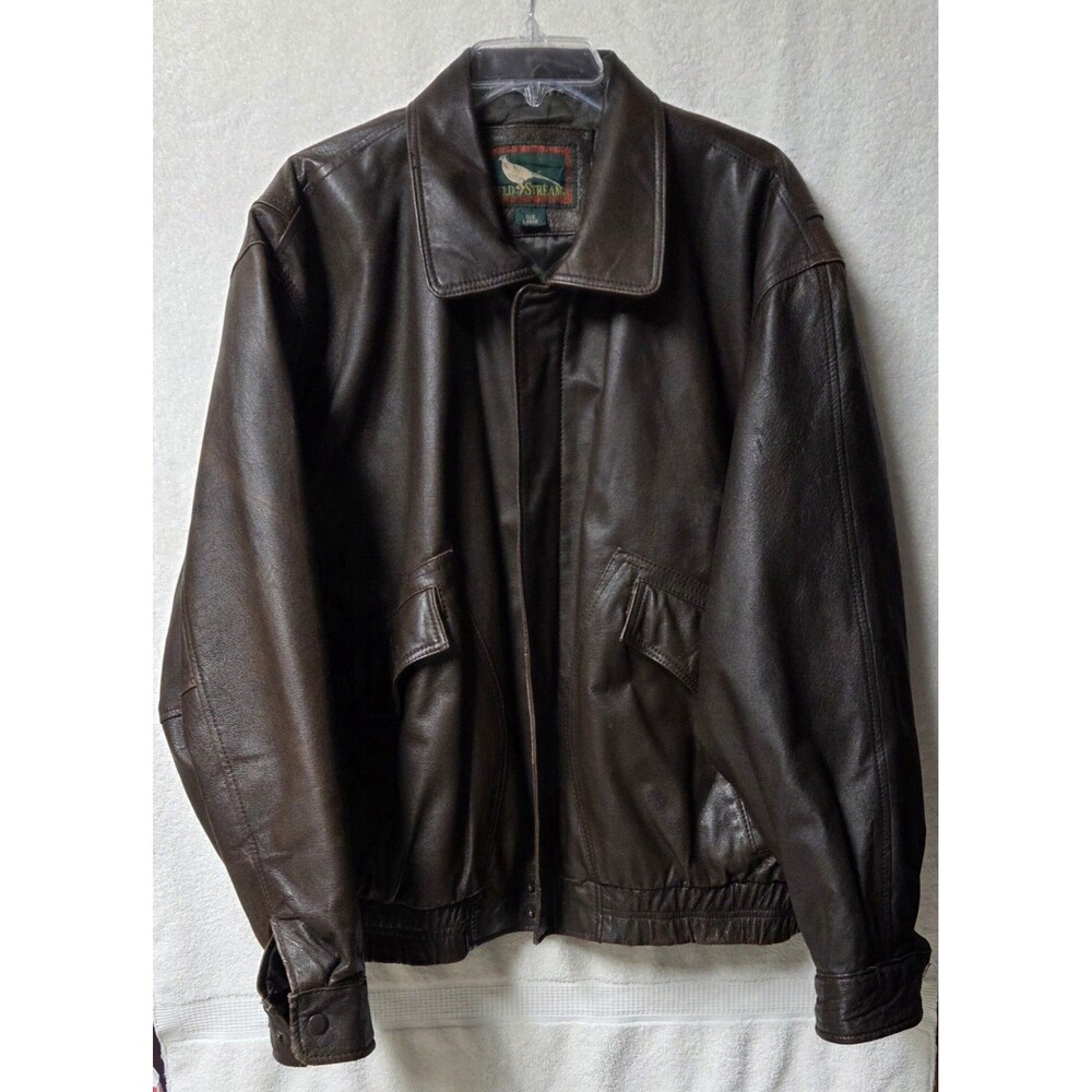 Vintage Field & Stream Brown Leather Bomber Jacket Mens Large 80s 90s Snaps